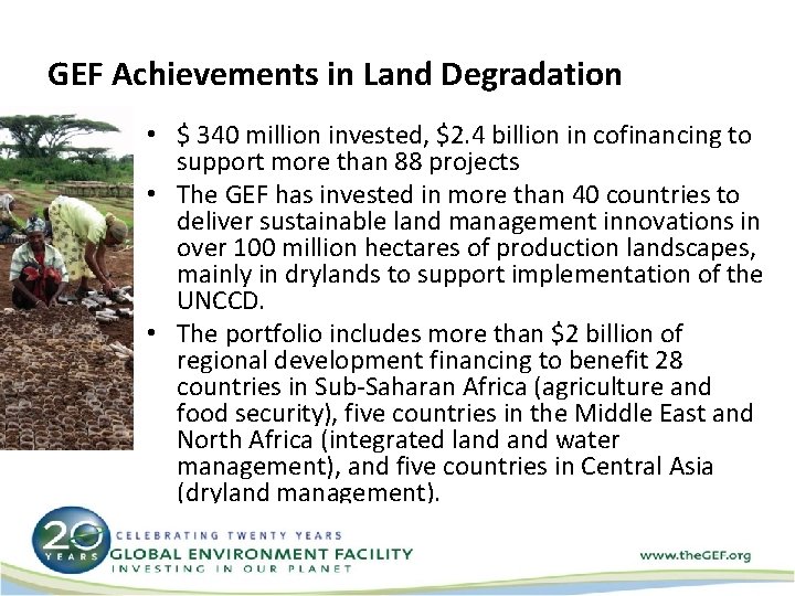 GEF Achievements in Land Degradation • $ 340 million invested, $2. 4 billion in