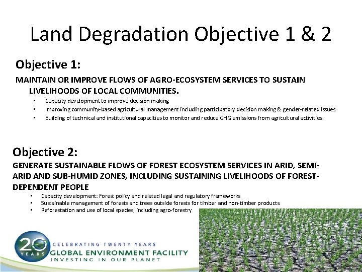 Land Degradation Objective 1 & 2 Objective 1: MAINTAIN OR IMPROVE FLOWS OF AGRO-ECOSYSTEM