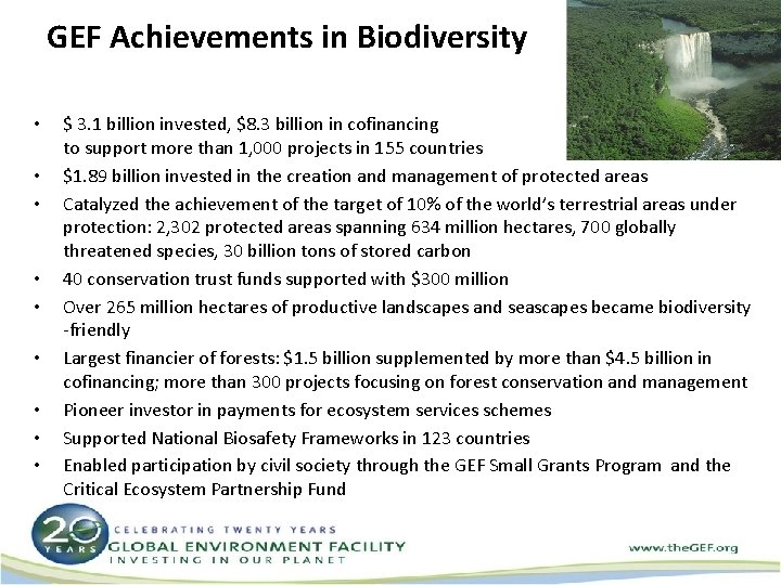 GEF Achievements in Biodiversity • • • $ 3. 1 billion invested, $8. 3