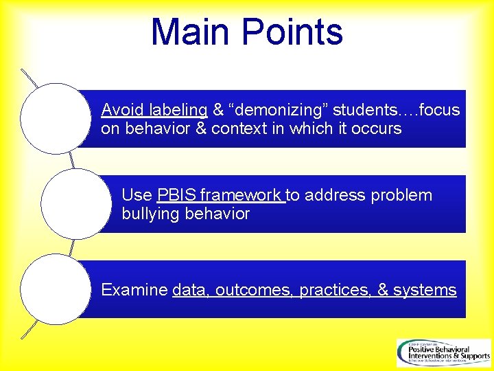 Main Points Avoid labeling & “demonizing” students…. focus on behavior & context in which