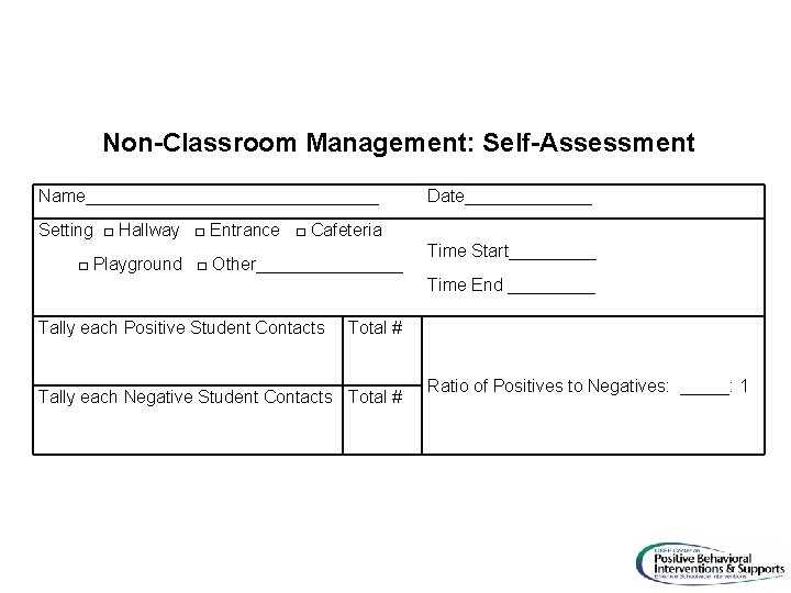 Non-Classroom Management: Self-Assessment Name_______________ Date_______ Setting □ Hallway □ Entrance □ Cafeteria □ Playground