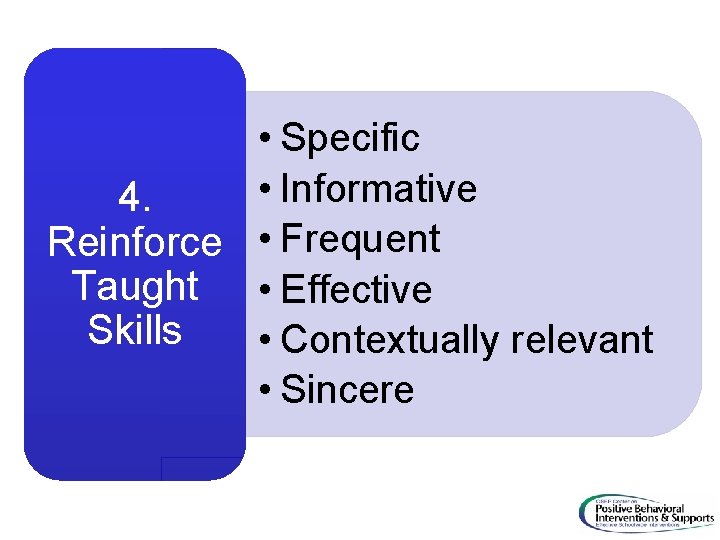  • Specific • Informative 4. Reinforce • Frequent Taught • Effective Skills •