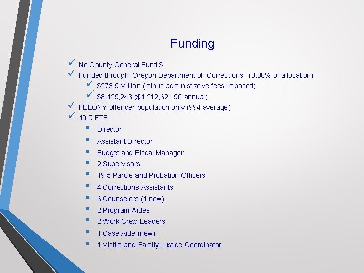 Funding ü No County General Fund $ ü Funded through: Oregon Department of Corrections