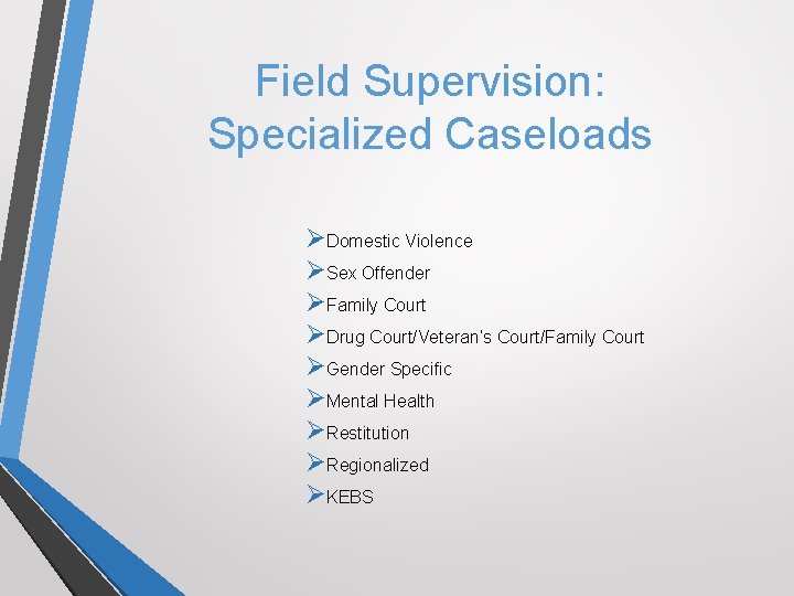 Field Supervision: Specialized Caseloads ØDomestic Violence ØSex Offender ØFamily Court ØDrug Court/Veteran’s Court/Family Court