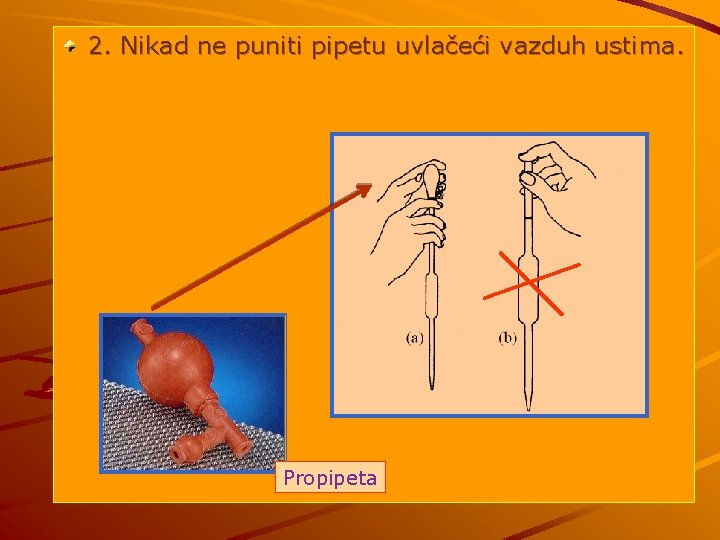 2. Nikad ne puniti pipetu uvlačeći vazduh ustima. Propipeta 