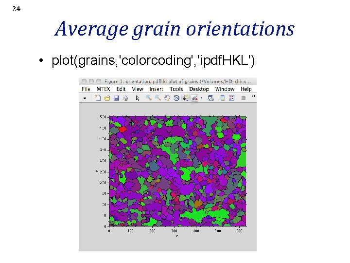 24 Average grain orientations • plot(grains, 'colorcoding', 'ipdf. HKL') 