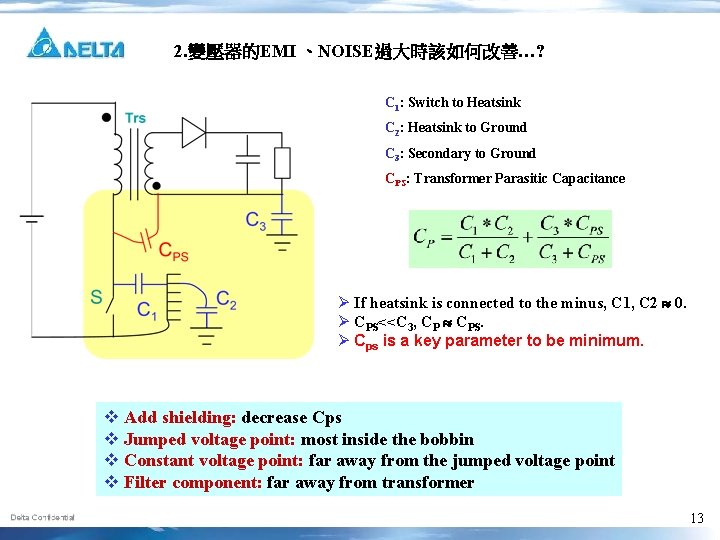 2. 變壓器的EMI 、NOISE過大時該如何改善…? C 1: Switch to Heatsink C 2: Heatsink to Ground C