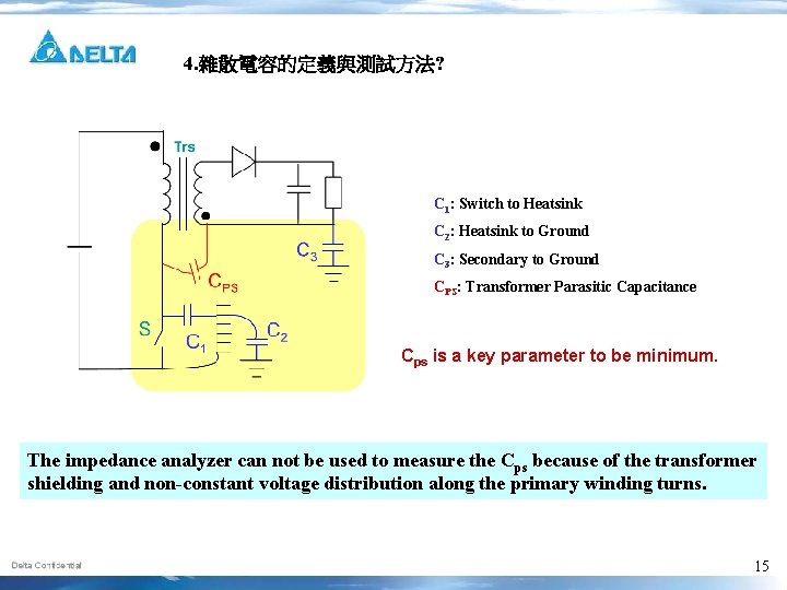 4. 雜散電容的定義與測試方法? C 1: Switch to Heatsink C 2: Heatsink to Ground C 3: