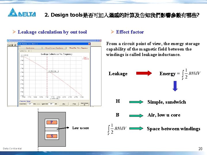 2. Design tools是否可加入漏感的計算及告知我們影響參數有哪些? Ø Leakage calculation by out tool Ø Effect factor From a