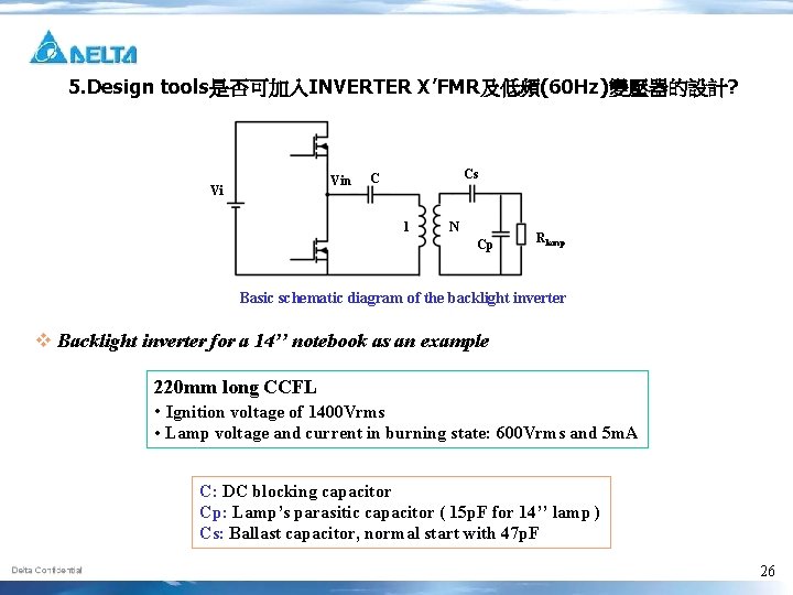 5. Design tools是否可加入INVERTER X’FMR及低頻(60 Hz)變壓器的設計? Vi Vin Cs C 1 N Cp Rlamp Basic