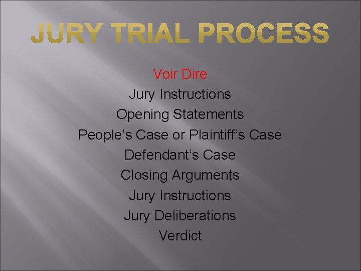 Voir Dire Jury Instructions Opening Statements People’s Case or Plaintiff’s Case Defendant’s Case Closing