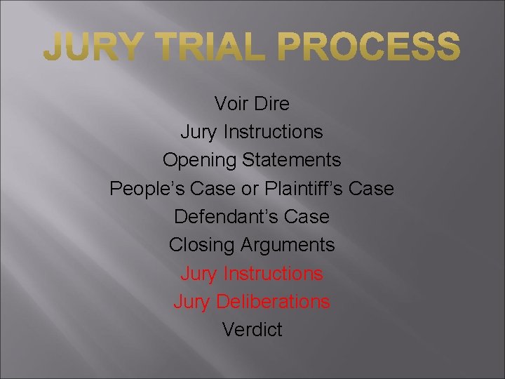 Voir Dire Jury Instructions Opening Statements People’s Case or Plaintiff’s Case Defendant’s Case Closing