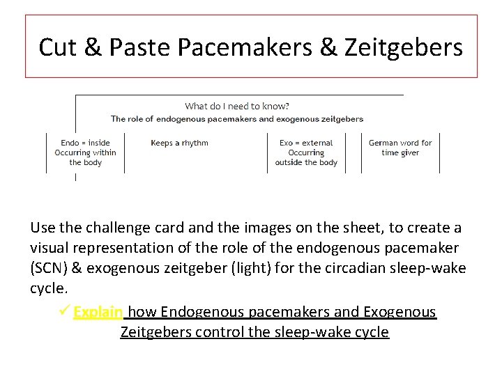Cut & Paste Pacemakers & Zeitgebers Use the challenge card and the images on