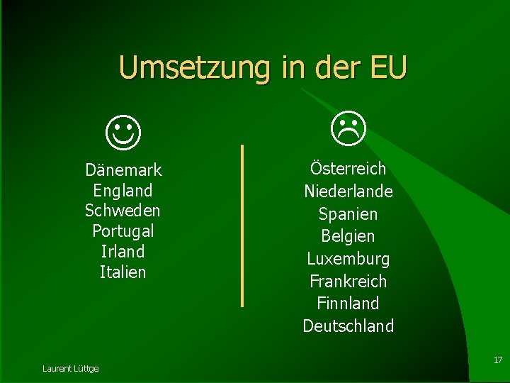 Umsetzung in der EU Dänemark England Schweden Portugal Irland Italien Laurent Lüttge Österreich Niederlande