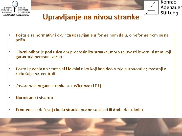 Upravljanje na nivou stranke • Poštuje se normativni okvir za upravljanje u formalnom delu,