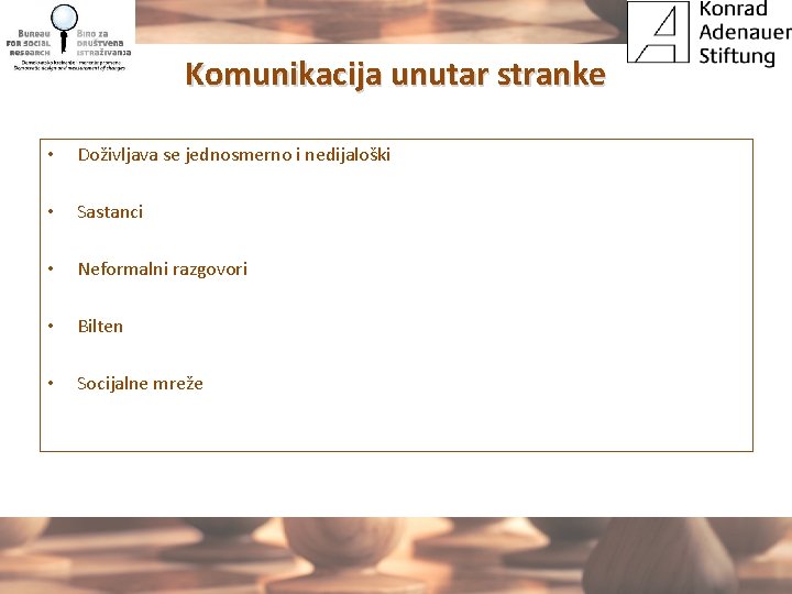 Komunikacija unutar stranke • Doživljava se jednosmerno i nedijaloški • Sastanci • Neformalni razgovori