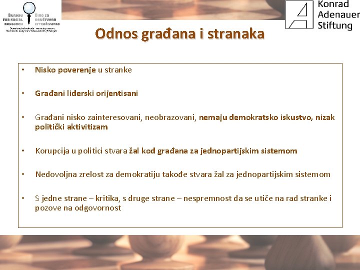 Odnos građana i stranaka • Nisko poverenje u stranke • Građani liderski orijentisani •