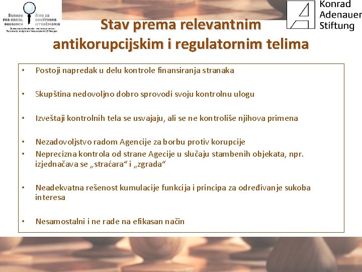 Stav prema relevantnim antikorupcijskim i regulatornim telima • Postoji napredak u delu kontrole finansiranja