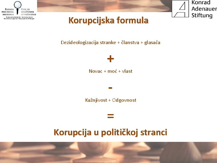 Korupcijska formula Dezideologizacija stranke + članstva + glasača + Novac + moć + vlast