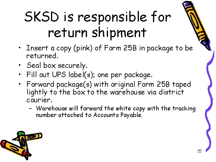 SKSD is responsible for return shipment • Insert a copy (pink) of Form 25