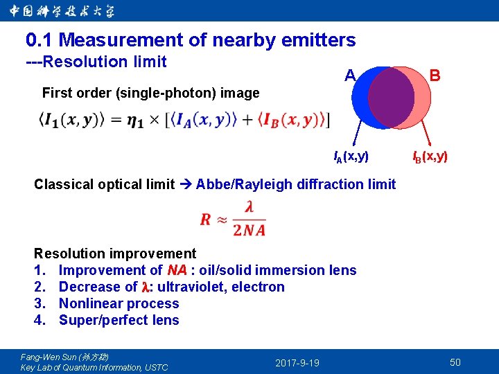 0. 1 Measurement of nearby emitters ---Resolution limit A B First order (single-photon) image
