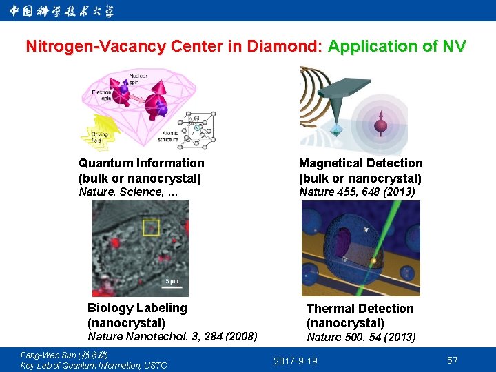 Nitrogen-Vacancy Center in Diamond: Application of NV Quantum Information (bulk or nanocrystal) Magnetical Detection