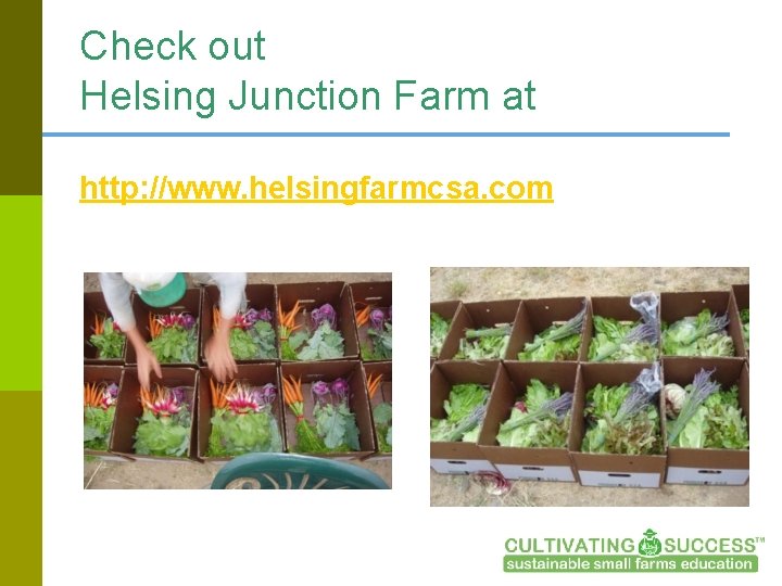Check out Helsing Junction Farm at http: //www. helsingfarmcsa. com 