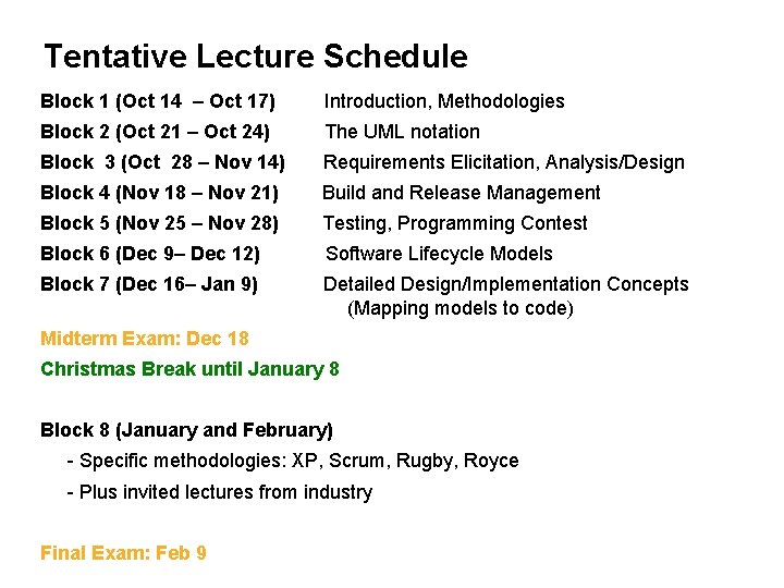 Tentative Lecture Schedule Block 1 (Oct 14 – Oct 17) Introduction, Methodologies Block 2