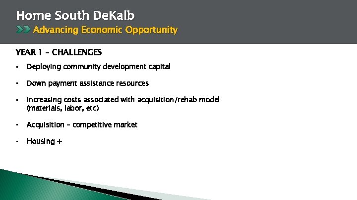 Home South De. Kalb Advancing Economic Opportunity YEAR 1 – CHALLENGES • Deploying community