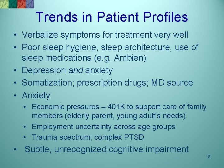 Trends in Patient Profiles • Verbalize symptoms for treatment very well • Poor sleep