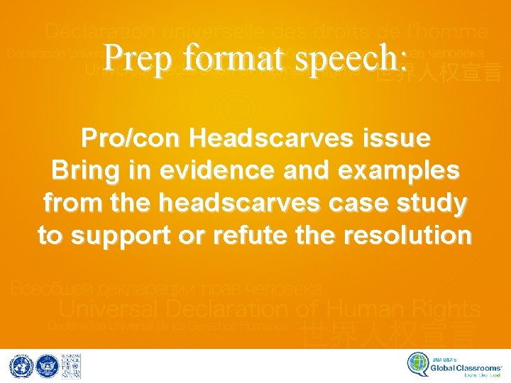 Prep format speech: Pro/con Headscarves issue Bring in evidence and examples from the headscarves