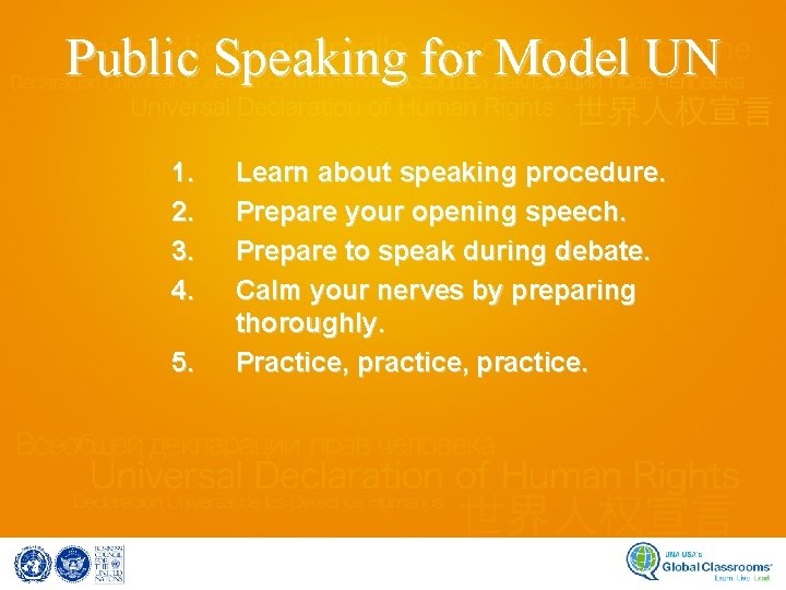 Public Speaking for Model UN 1. 2. 3. 4. 5. Learn about speaking procedure.