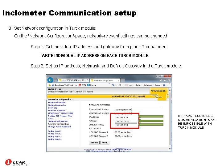 Inclometer Communication setup 3. Set Network configuration in Turck module: On the "Network Configuration"-page,