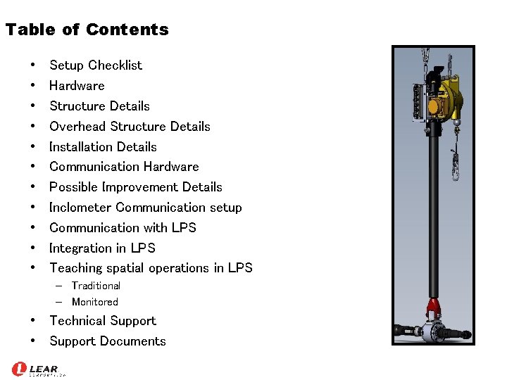 Table of Contents • • • Setup Checklist Hardware Structure Details Overhead Structure Details