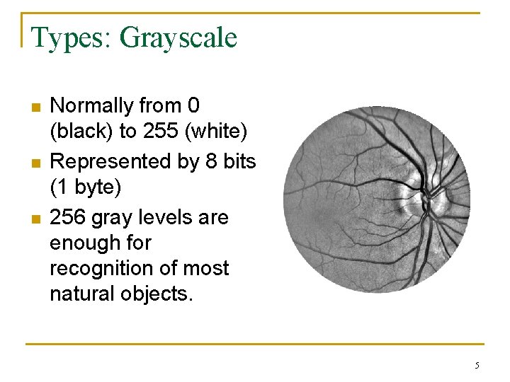Types: Grayscale n n n Normally from 0 (black) to 255 (white) Represented by Types: Grayscale n n n Normally from 0 (black) to 255 (white) Represented by