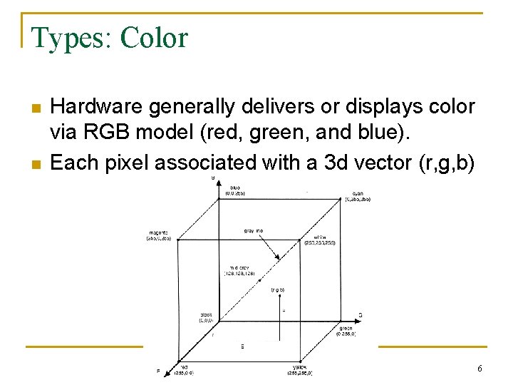 Types: Color n n Hardware generally delivers or displays color via RGB model (red, Types: Color n n Hardware generally delivers or displays color via RGB model (red,