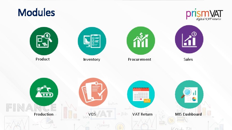 Modules Product Inventory Production VDS Procurement VAT Return Sales MIS Dashboard 