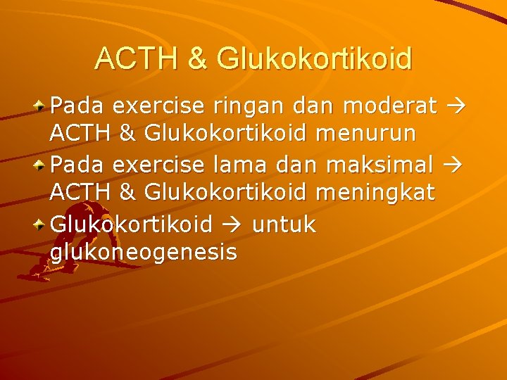 ACTH & Glukokortikoid Pada exercise ringan dan moderat ACTH & Glukokortikoid menurun Pada exercise
