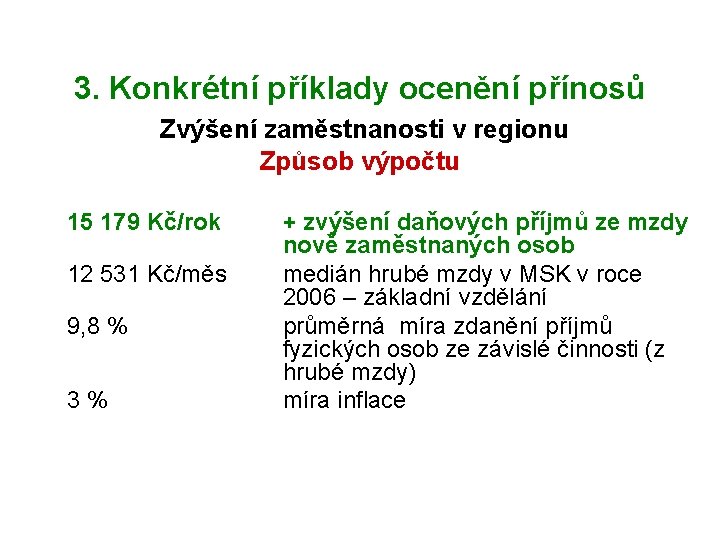 3. Konkrétní příklady ocenění přínosů Zvýšení zaměstnanosti v regionu Způsob výpočtu 15 179 Kč/rok