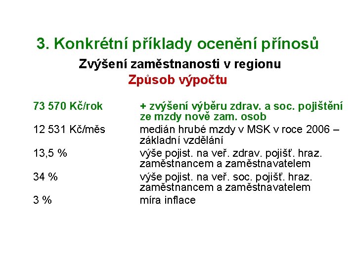 3. Konkrétní příklady ocenění přínosů Zvýšení zaměstnanosti v regionu Způsob výpočtu 73 570 Kč/rok