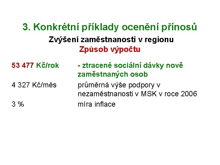 3. Konkrétní příklady ocenění přínosů Zvýšení zaměstnanosti v regionu Způsob výpočtu 53 477 Kč/rok