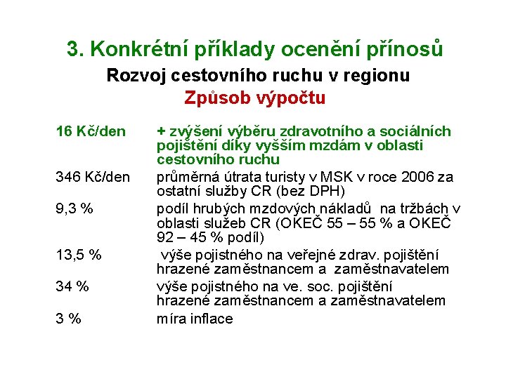 3. Konkrétní příklady ocenění přínosů Rozvoj cestovního ruchu v regionu Způsob výpočtu 16 Kč/den