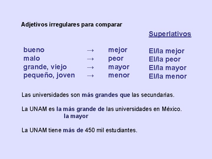 Adjetivos irregulares para comparar Superlativos bueno malo grande, viejo pequeño, joven → → mejor