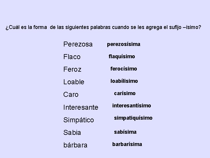 ¿Cuál es la forma de las siguientes palabras cuando se les agrega el sufijo