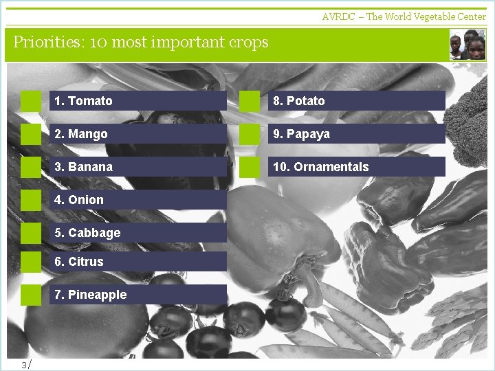 AVRDC – The World Vegetable Center vegetables + development Priorities: 10 most important crops