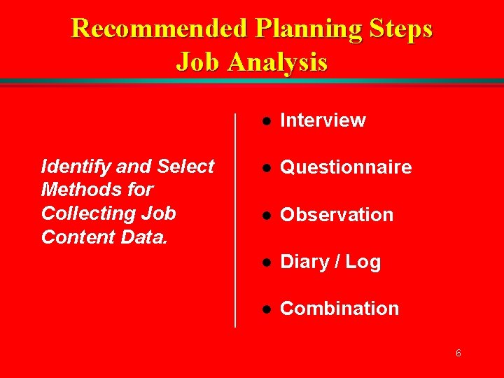 Recommended Planning Steps Job Analysis Identify and Select Methods for Collecting Job Content Data.