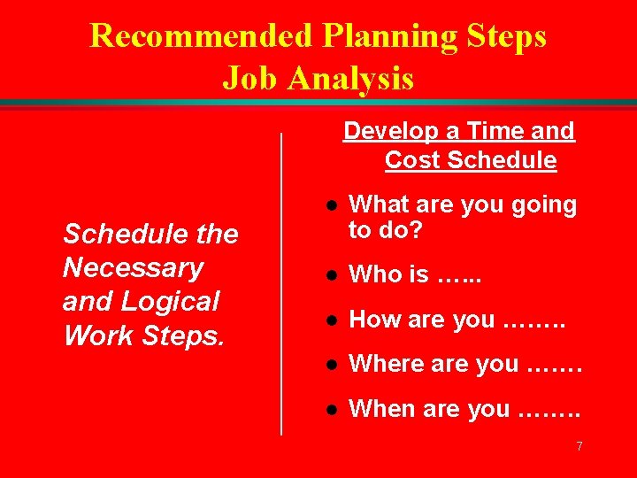 Recommended Planning Steps Job Analysis Develop a Time and Cost Schedule the Necessary and