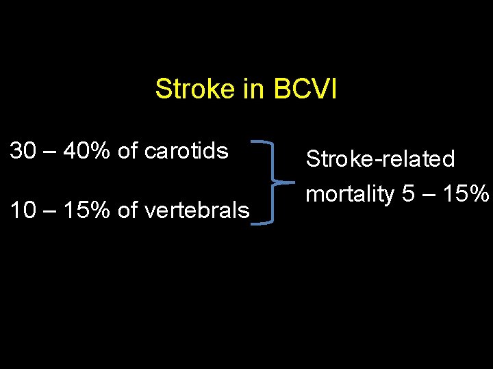 Stroke in BCVI 30 – 40% of carotids 10 – 15% of vertebrals Stroke-related