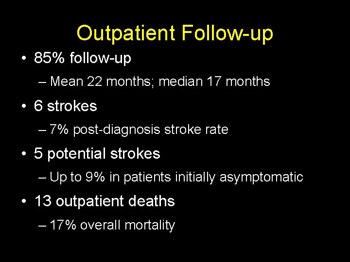 Outpatient Follow-up • 85% follow-up – Mean 22 months; median 17 months • 6