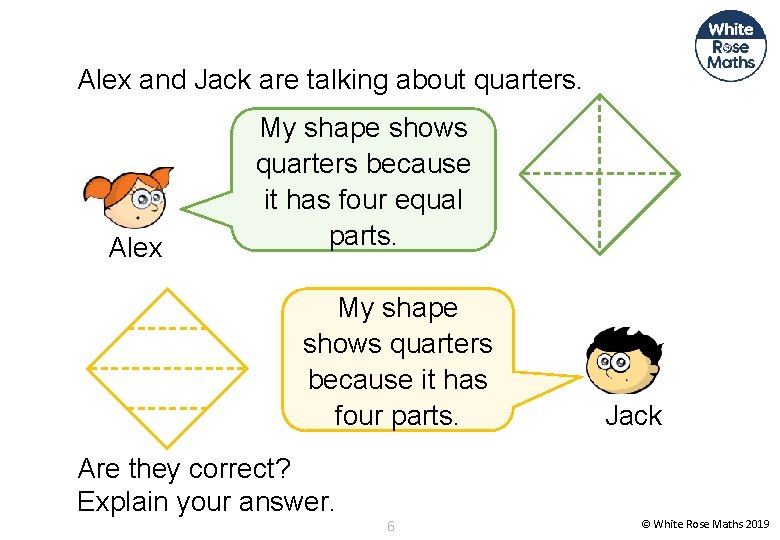 Alex and Jack are talking about quarters. Alex My shape shows quarters because it